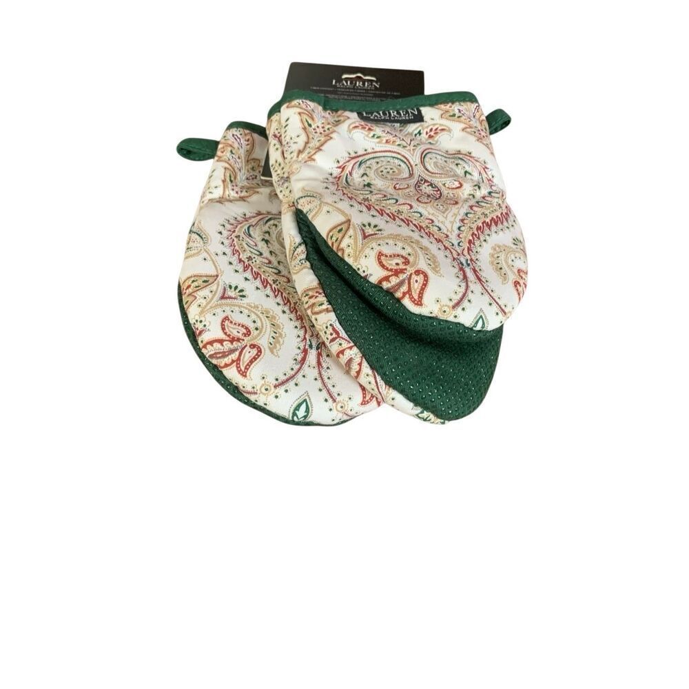 Lauren Ralph Lauren Paisley Mini Oven Mitts Set 2 NWT 100% Cotton Kitchen Green